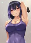  1girl :&lt; arm_at_side arm_up armpits bangs bare_shoulders black_gloves blush breasts bursting_breasts cleavage closed_mouth collarbone competition_swimsuit covered_navel covered_nipples gloves god_eater gradient gradient_background grey_background hair_between_eyes highres kisaragi_sarah large_breasts light_particles looking_at_viewer one-piece_swimsuit pink_lips purple_hair purple_swimsuit red_eyes short_hair solo swimsuit upper_body watanuki_kaname 