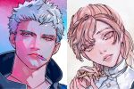  1boy 1girl blue_eyes brown_eyes brown_hair chewing_gum closed_mouth devil_may_cry devil_may_cry_4 devil_may_cry_5 face glint highres jewelry johngaramond kyrie long_hair necklace nero_(devil_may_cry) parted_lips pink_lips ponytail white_hair 