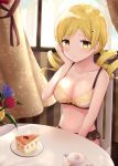  1girl blonde_hair bra breasts cake chair collarbone drill_hair food hair_ornament hairpin hand_on_own_cheek highres indoors kkkk12103 large_breasts mahou_shoujo_madoka_magica navel plate sitting slice_of_cake smile solo table tomoe_mami twin_drills underwear underwear_only yellow_bra yellow_eyes 