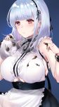  1girl ao_ao_konno apron azur_lane bare_shoulders black_hairband blush breasts character_doll chocolate dido_(azur_lane) earrings eyebrows_visible_through_hair frills hairband highres jewelry large_breasts long_hair looking_at_viewer maid pink_eyes silver_hair sleeveless underboob underboob_cutout white_apron white_day 