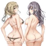  2girls adjusting_clothes ass ass_cutout back bangs bare_arms bare_back bare_shoulders bikini black_bikini black_hair blue_eyes blush breasts brown_eyes brown_hair butt_crack cowboy_shot eyebrows_visible_through_hair from_behind grey_ribbon hair_ribbon heart_cutout highres long_hair looking_at_viewer looking_back mahiro_(mahiron1062) medium_breasts micro_bikini mouth_hold multiple_girls original ribbon shiny shiny_skin sideboob simple_background skindentation slingshot_swimsuit swimsuit twintails untied_swimsuit white_background white_swimsuit 