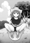  1girl breasts closed_mouth cloud gouguru haruka_(pokemon) hat large_breasts looking_at_viewer pokemon pokemon_(anime) pokemon_rse_(anime) presenting short_hair smile solo tree 