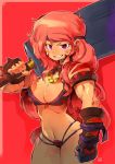  1girl andrea_cofrancesco armor bikini bikini_armor blush brown_gloves cowboy_shot dragonslayer_(sword) facial_mark fingernails gloves hand_up headband highres holding holding_sword holding_weapon jewelry long_hair looking_at_viewer multi-strapped_bikini necklace original over_shoulder purple_eyes red_background red_hair red_nails signature simple_background smile solo swimsuit sword sword_over_shoulder thigh_gap weapon weapon_over_shoulder 