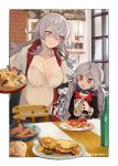  2girls azur_lane bangs black_flower black_swimsuit bra bra_peek cape chair coat crossed_bangs cup drinking_glass flower food fur-trimmed_cape fur-trimmed_coat fur_trim graf_zeppelin_(azur_lane) hat iron_cross long_hair military_hat multiple_girls navel_cutout peaked_cap pie pregnant pupps smile swimsuit table underwear wine_glass zeppelin-chan_(azur_lane) 