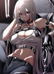  1girl absurdres alternate_costume azarashi_(azrsot) azur_lane bandaged_arm bandages bare_shoulders black_gloves black_pants breasts cleavage commentary_request crop_top cuffs eyebrows_visible_through_hair gloves hair_between_eyes handcuffs highres large_breasts long_hair looking_at_viewer multiple_straps navel pants police_badge red_eyes silver_hair sitting smile solo sovetskaya_rossiya_(azur_lane) sovetskaya_rossiya_(the_lackadaisical_lookout)_(azur_lane) very_long_hair white_hair 