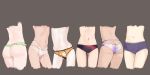  6+girls ass ass_focus ass_visible_through_thighs bikini bikini_bottom black_panties brown_background butt_crack cameltoe character_request contrapposto frilled_bikini frills green_bikini head_out_of_frame highres mermaid_melody_pichi_pichi_pitch multiple_girls navel ohisashiburi orange_panties panties print_panties simple_background skindentation swimsuit underwear white_panties 