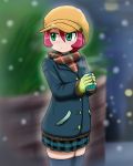  1girl blush cabbie_hat closed_mouth gloves green_eyes hat langley_(pokemon) mori_hayaki pink_hair pokemon pokemon_(anime) pokemon_bw_(anime) short_hair skirt solo thighhighs winter_clothes 