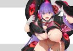  1girl bb_(fate)_(all) bb_(swimsuit_mooncancer)_(fate) breasts eyebrows_visible_through_hair fate/grand_order fate_(series) gloves lactation large_breasts leotard long_hair looking_at_viewer mine_(wizard) nipples open_mouth purple_eyes purple_hair ribbon solo tentacles thighhighs thighhighs_pull torn_clothes torn_leotard 