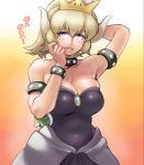  1girl bare_shoulders blonde_hair blue_eyes bowsette bracelet breasts cleavage collar crown dress e_keroron highres horns jewelry large_breasts looking_at_viewer mario_(series) new_super_mario_bros._u_deluxe sharp_teeth short_hair solo spiked_bracelet spiked_collar spikes super_crown teeth 