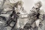  1boy 1girl armor blonde_hair breastplate cape closed_mouth dress gauntlets holding holding_sword holding_weapon original pauldrons petals senano-yu sword weapon white_cape white_dress white_eyes white_hair yellow_eyes 