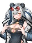  1girl :d absurdres animal_ears arknights black_nails blue_hair blush breasts china_dress chinese_clothes cleavage cleavage_cutout dress eyebrows_visible_through_hair eyes_visible_through_hair eyewear_on_head fang feater_(arknights) hair_over_one_eye highres large_breasts long_sleeves looking_at_viewer multicolored_hair nail_polish neko_lu_(wofud453) open_mouth panda_ears silver_hair simple_background smile solo sunglasses two-tone_hair white_background yellow_eyes 