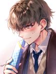  1boy blue_neckwear blush brown_hair closed_mouth ear_piercing earrings eyebrows_visible_through_hair face fang fingernails gift highres holding holding_gift jewelry male_focus necktie original piercing renta_(deja-vu) signature solo 