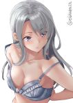  1girl adjusting_bra adjusting_clothes arms_behind_back blue_bra blush bra breasts checkered checkered_bra collarbone ebifurya eyebrows_visible_through_hair highres kantai_collection long_hair open_mouth purple_eyes sagiri_(kantai_collection) silver_hair simple_background small_breasts solo twitter_username underwear upper_body white_background 