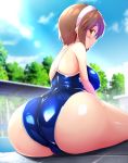  1girl alternate_costume ass blue_sky blue_swimsuit blush breasts brown_eyes brown_hair hairband highres kantai_collection kurokoshou_(emuburemu123) large_breasts looking_at_viewer natori_(kantai_collection) one-piece_swimsuit pool short_hair sitting sky solo swimsuit tree 