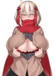  1girl ahoge blush bra breasts cleavage contemporary dark_skin fate/grand_order fate_(series) hidden_mouth highres large_breasts okita_souji_(alter)_(fate) okita_souji_(fate)_(all) open_clothes open_shirt red_bra scarf self_exposure underwear watosu watosu_(watosu_mama) white_background 