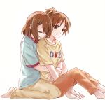  2girls bangs barefoot brown_eyes brown_hair closed_eyes closed_mouth commentary green_shirt hair_ornament hairclip hirasawa_ui hirasawa_yui hug hug_from_behind k-on! looking_at_viewer multiple_girls orange_pants pajamas pants print_shirt saliva shirt short_hair short_ponytail short_sleeves siblings sisters sitting smile t-shirt wariza yellow_pants yellow_shirt yuuyu_(777) 