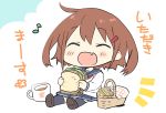  1girl ^_^ bangs blue_skirt blush brown_hair chibi closed_eyes cup eyebrows_visible_through_hair fang food hair_ornament hairclip highres hizuki_yayoi holding holding_food ikazuchi_(kantai_collection) kantai_collection long_sleeves musical_note open_mouth picnic_basket red_neckwear sailor_collar sandwich school_uniform serafuku short_hair simple_background sitting skin_fang skirt solo thighhighs translation_request white_background 