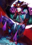  1boy blue_eyes blue_lipstick curly_hair demon_boy fate/grand_order fate_(series) grin hat highres lipstick makeup mephistopheles_(fate/grand_order) multiple_tails muscle prairie-wolf purple_hair scissors smile solo tail weapon 