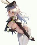  1girl animal_ears bunny_ears guilty_gear guilty_gear_xrd heart_pasties inverted_costume long_hair oro_(sumakaita) pasties ramlethal_valentine reverse_bunnysuit simple_background solo white_hair yellow_eyes 