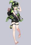  1girl absurdres arknights backpack bag bare_legs barefoot goggles goggles_on_headwear green_eyes green_hair helmet highres lantern leaf monster_girl open_mouth pea plant_girl plants_vs_zombies pompmaker1 ponytail shorts shovel slingshot solo thigh_strap vest weapon 