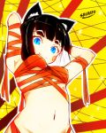  1girl animal_ear_fluff animal_ears armpits arms_up bangs black_hair blue_eyes blunt_bangs blush_stickers breasts budget_sarashi cat_ears chloe_(srgrafo) covered_nipples fang from_below highres kemonomimi_mode looking_at_viewer naked_ribbon navel no_panties orange_ribbon out-of-frame_censoring reddit ribbon sarashi short_hair slit_pupils small_breasts srgrafo 