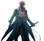  1boy blue_coat coat collarbone devil_may_cry hair_slicked_back holding holding_sword holding_weapon katana lower_teeth male_focus mlxgdog parted_lips scabbard shaded_face sheath simple_background solo standing sword teeth vergil weapon white_background white_hair 