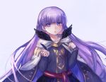  1girl absurdly_long_hair black_dress black_feathers cape cloak dress expressionless eyebrows_visible_through_hair feathers fire_emblem fire_emblem:_the_binding_blade fire_emblem_heroes hair_between_eyes highres long_dress long_hair long_sleeves looking_at_viewer mesz410 purple_eyes purple_hair simple_background solo sophia_(fire_emblem) very_long_hair 
