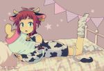  1boy animal_costume animal_ears animal_print blush cow_boy cow_costume cow_ears cow_horns cow_print cow_tail ear_tag full_body green_eyes highres horns looking_at_viewer loose_socks oginy on_bed original red_hair solo stuffed_baby_bottle tail 