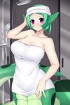  1girl arm_up bare_arms bathroom blush breasts cleavage collarbone commission english_commentary green_hair indoors lamia large_breasts lindaroze looking_at_viewer monster_girl naked_towel original parted_lips pointy_ears purple_eyes scales short_hair sidelocks solo tail towel towel_on_head watermark web_address wet 