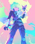  1boy absurdres belt black_gloves closed_mouth frilled_sleeves frills gloves green_hair half_gloves highres km_(ksolee1201) knee_pads lio_fotia looking_down male_focus medium_hair promare purple_eyes solo tight 