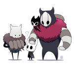  4others brumm cloak commentary_request dated full_body fur_collar grey_cloak grimmchild holding holding_instrument hollow_eyes hollow_knight horns instrument knight_(hollow_knight) looking_at_another mask multiple_others no_humans nymm petting sango_(y1994318) simple_background standing weapon white_background 