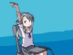  1girl adrian_ferrer arms_up asymmetrical_bangs bangs blue_background chair commentary cowboy_shot drawing_board english_commentary eromanga_sensei grey_hair grey_ribbon grey_skirt hairband kantai_collection long_hair namesake pleated_skirt purple_eyes purple_hairband sagiri_(kantai_collection) school_uniform serafuku short_sleeves silver_hair sitting skirt solo stretch stylus swept_bangs 