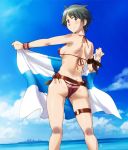  1girl ass bangs battleship belt bikini blue_sky breasts brown_belt butt_crack cloud commentary_request feet_out_of_frame flag from_behind green_eyes green_hair holding holding_flag kantai_collection looking_at_viewer looking_back medium_breasts military military_vehicle mogami_(kantai_collection) ocean red_bikini sameha_ikuya ship short_hair side-tie_bikini sideboob sky smile standing swept_bangs swimsuit thigh_strap warship watercraft wristband 