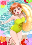  1girl :d ahoge alternate_costume arm_behind_back armpit_peek arms_up bangs beach bosutonii braid breasts collarbone commentary_request eyebrows_visible_through_hair flip-flops flower glint hair_ribbon head_tilt hibiscus highres holding holding_innertube innertube jewelry looking_at_viewer love_live! love_live!_sunshine!! medium_breasts ocean one-piece_swimsuit open_mouth orange_hair outstretched_arm pendant purple_eyes red_footwear ribbon sandals short_hair single_braid smile solo standing standing_on_one_leg swimsuit takami_chika yellow_swimsuit 