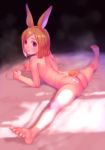  1girl animal_ears bare_arms bare_back bare_legs bare_shoulders barefoot bunny_ears bunny_girl bunny_tail closed_mouth flexible highres looking_at_viewer looking_back lying nude on_stomach original pastime774 short_hair solo split spread_legs tail 
