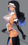  1girl breasts covered_nipples cross dark_skin gloves green_eyes habit highres large_breasts latex latex_gloves latin_cross long_hair looking_at_viewer looking_back mole mole_under_eye nun ohlia original shiny shiny_clothes side_slit white_hair 