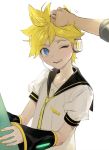  1boy bass_clef blonde_hair blue_eyes detached_sleeves headset kagamine_len looking_at_viewer naoko_(naonocoto) necktie one_eye_closed open_mouth petting sailor_collar smile solo_focus vocaloid yellow_nails 