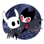  2others cloak commentary_request flying full_body grass grey_cloak grimmchild hollow_eyes hollow_knight horns knight_(hollow_knight) looking_at_another mask multiple_others no_humans path red_eyes sango_(y1994318) simple_background walking weapon white_background wings 