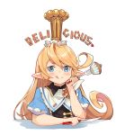  1girl blonde_hair blue_eyes blush charlotta_fenia crown fork granblue_fantasy harvin highres knife kurosawa_tetsu long_hair pointy_ears solo tall_crown tongue tongue_out 