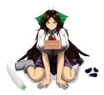  1girl :/ antenna_hair bare_arms bird_wings black_wings blouse bow breasts brown_eyes brown_hair closed_mouth collared_blouse commentary_request eggplant food furrowed_eyebrows green_bow green_skirt hair_bow half-closed_eyes huge_breasts koyubi_(littlefinger1988) long_hair looking_down mismatched_footwear puffy_short_sleeves puffy_sleeves raddish red_eyes reiuji_utsuho shoes short_sleeves sign sign_around_neck single_shoe sitting skirt slit_pupils solo tearing_up third_eye touhou translation_request unhappy vegetable wariza white_blouse wing_collar wings 