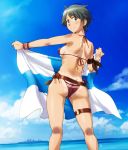  1girl ass bangs battleship belt bikini bikini_tan blue_sky breasts brown_belt butt_crack cloud commentary_request feet_out_of_frame flag from_behind green_eyes green_hair holding holding_flag kantai_collection looking_at_viewer looking_back medium_breasts military military_vehicle mogami_(kantai_collection) ocean red_bikini sameha_ikuya ship short_hair side-tie_bikini sideboob sky smile standing swept_bangs swimsuit tan tanline thigh_strap warship watercraft wristband 