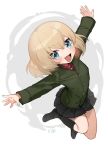 1girl :d bangs black_footwear black_legwear black_skirt blonde_hair blue_eyes commentary dated fang girls_und_panzer green_jacket jacket jumping katyusha_(girls_und_panzer) long_sleeves looking_at_viewer miniskirt open_mouth outstretched_arms pleated_skirt pravda_school_uniform red_shirt school_uniform shirt shoes short_hair simple_background skirt smile socks solo spread_arms tan3charge turtleneck white_background 