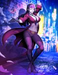  1girl alley bangs belt belt_buckle between_breasts black_gloves black_hair blunt_bangs boots bra breasts buckle coattails cosplay covered_nipples crimson_viper crimson_viper_(cosplay) crossed_ankles detached_collar full_body genzoman gloves grin han_juri knee_boots large_breasts long_coat looking_at_viewer multicolored_hair necktie necktie_between_breasts night pants pink_eyes pink_hair rain red_bra smile solo standing street_fighter street_fighter_v toned two-tone_hair underwear 