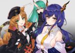  3girls :d animal_ears aqua_eyes aqua_hair arknights bad_id bandaid_on_forehead bangs bare_shoulders belt black_gloves blue_hair blush bow bowtie breasts brown_eyes brown_hair ch&#039;en_(arknights) crossed_arms dragon_horns dragon_tail drill_hair eyebrows_visible_through_hair gloves gradient gradient_background green_eyes hat horns hoshiguma_(arknights) jacket kakeru_(kakeru) long_hair looking_at_viewer multiple_girls necktie off_shoulder oni oni_horns open_mouth smile swire_(arknights) tail tiger_ears tiger_tail translated twintails very_long_hair 