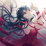  1girl :o bangs black_hair choker dress long_hair looking_at_hand looking_up original red_dress red_eyes red_ribbon red_theme ribbon ribbon_choker ribbonari sleeveless sleeveless_dress solo 