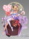  1girl :d ahoge alcohol arm_strap bare_legs bare_shoulders bead_necklace beads blonde_hair blue_dress blush bow box breasts candy candy_cane cherry cleavage collarbone commentary_request company_name copyright_request cup dark_skin dress drinking_glass earrings elbow_gloves fang flower food fruit full_body gift gift_box gloves grey_background hair_flower hair_ornament heart high_heels highres holding holding_cup holding_food holding_fruit horns jewelry large_breasts lerome lollipop long_hair necklace official_art open_mouth planted_sword planted_weapon pointy_ears ponytail purple_flower purple_rose red_bow rose short_dress simple_background single_thighhigh sitting sleeveless sleeveless_dress smile solo stuffed_animal stuffed_toy sword teddy_bear thighhighs weapon white_bow white_footwear white_gloves white_legwear wine wine_glass yellow_eyes 