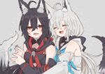  2girls ahoge animal_ears black_hair blush braid closed_eyes detached_sleeves dual_persona fox_ears fox_girl fox_tail highres hololive kurokami_fubuki low_ponytail multiple_girls open_mouth pochimoto red_eyes shirakami_fubuki sweatdrop tail upper_body virtual_youtuber white_hair 