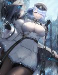  1girl azur_lane belt black_gloves blue_eyes blue_hair breasts chapayev_(azur_lane) cleavage closed_mouth covered_nipples cuffs eyebrows_visible_through_hair eyes_visible_through_hair from_below fur gloves hair_ornament hair_over_one_eye hairclip handcuffs hat highres holding_chain jacket large_breasts long_sleeves looking_at_viewer looking_down military military_jacket military_uniform miniskirt monster pantyhose peaked_cap pink_lips pleated_skirt shael short_hair skirt smile solo thigh_strap thighband_pantyhose uniform white_headwear white_jacket white_skirt yi_dianxia 