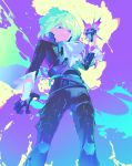  1boy absurdres belt black_gloves closed_mouth frilled_sleeves frills gloves green_hair half_gloves highres km_(ksolee1201) knee_pads lio_fotia looking_down male_focus medium_hair promare purple_eyes solo tight 