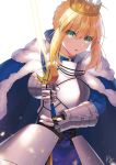  1girl absurdres ahoge armor armored_dress artoria_pendragon_(all) bangs blonde_hair commentary_request dress excalibur eyebrows_visible_through_hair fate/stay_night fate_(series) fur_trim gauntlets green_eyes hair_ribbon highres kxc7357 long_hair long_sword looking_at_viewer open_mouth ribbon saber signature simple_background solo sword weapon white_background 